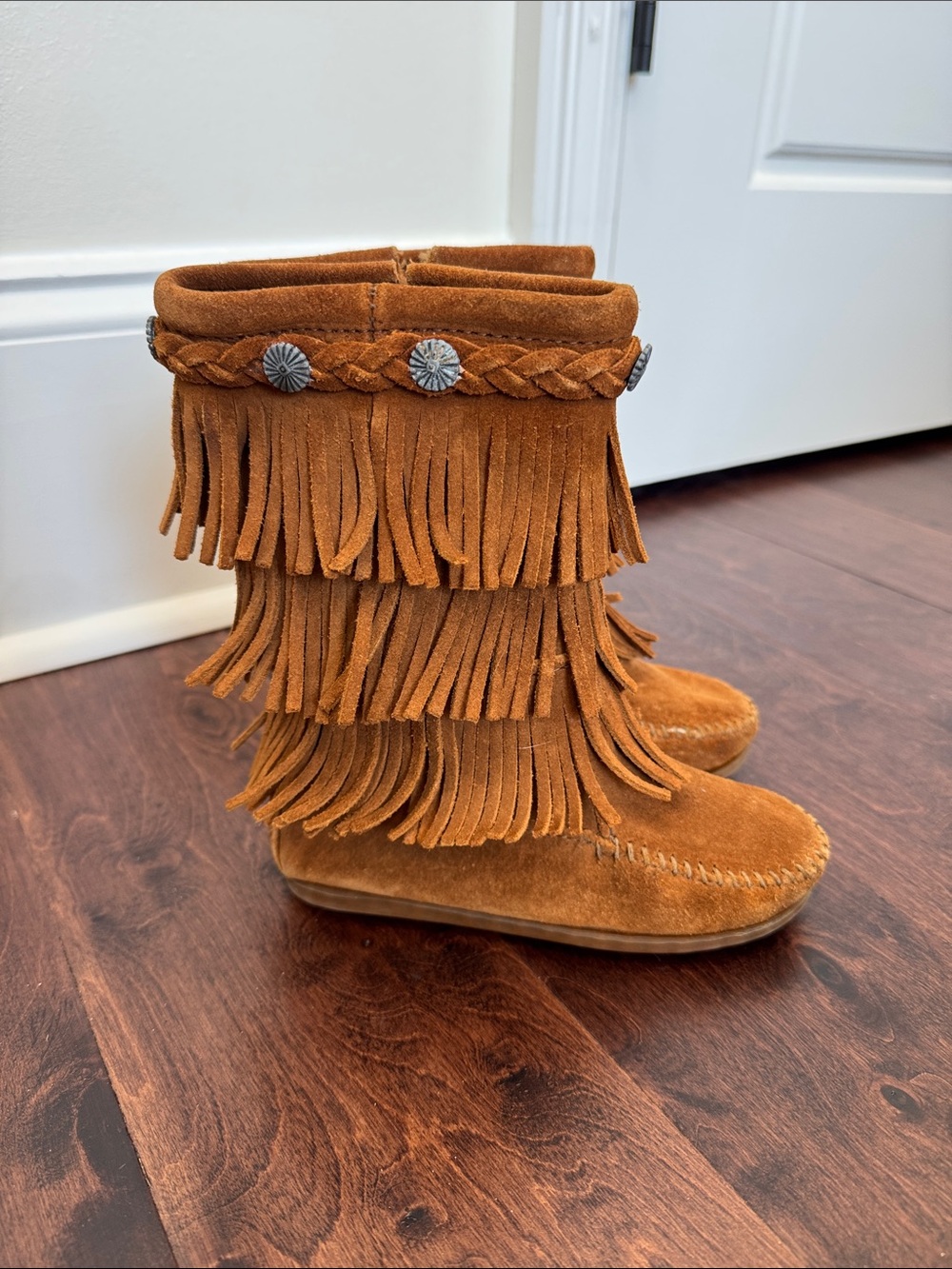 Minnetonka Girls Leather Fringe Boots Brown Shoes Western Cowgirl Native Style